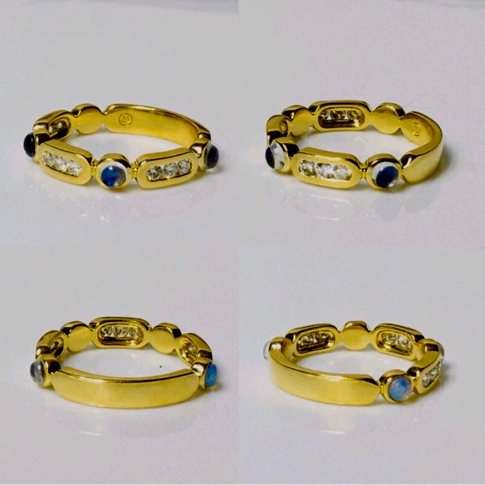Vintage rare Movado 18K yellow gold moonstones and diamonds stunning band ring - Picture 3 of 10